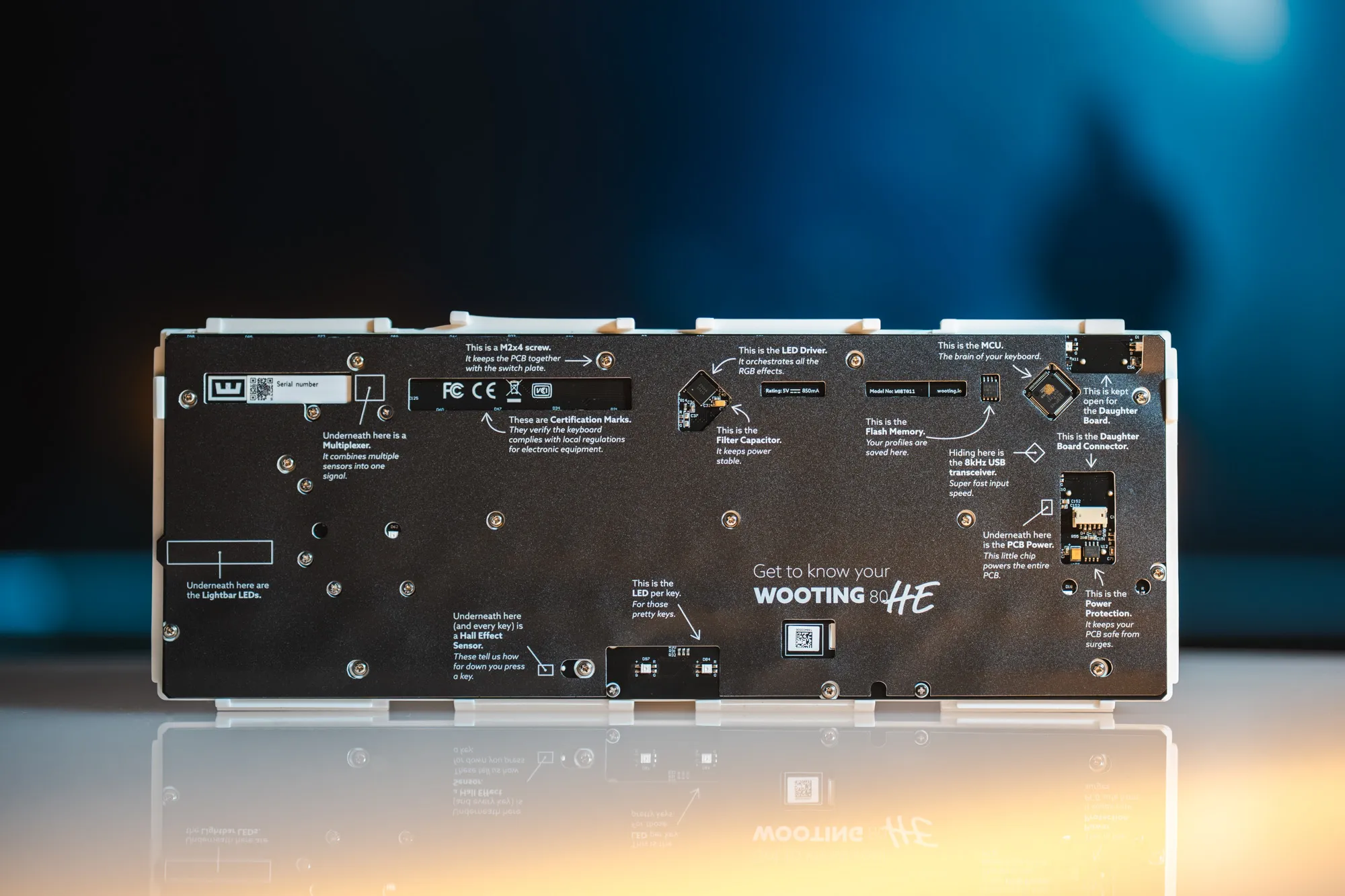 Wooting 80HE taken apart showing internal padding with printed text