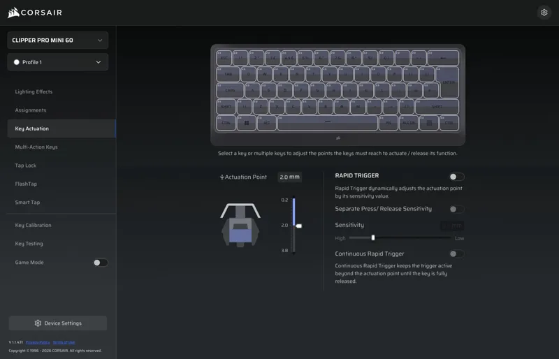 The actuation point set to 2 mm in the Corsair Web Hub configurator