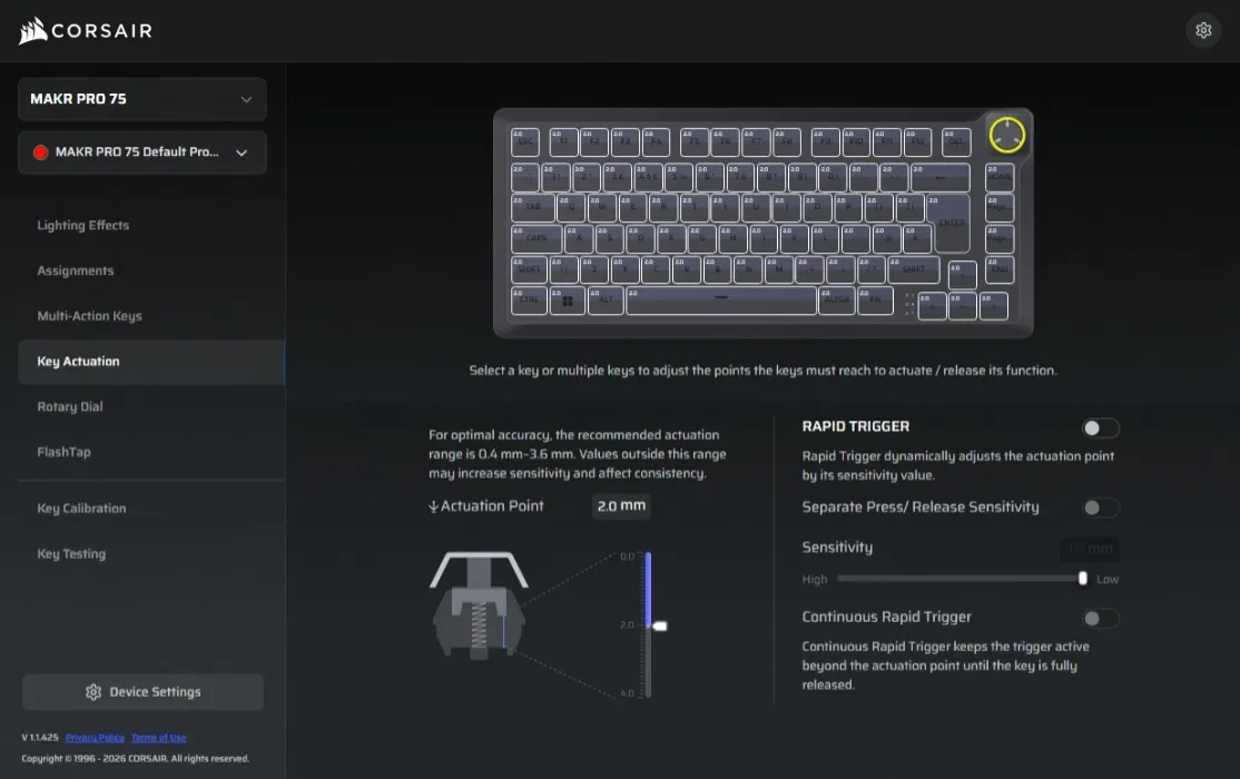 Setting the per-key actuation point to roughly 2 mm in the Corsair WebHub configurator
