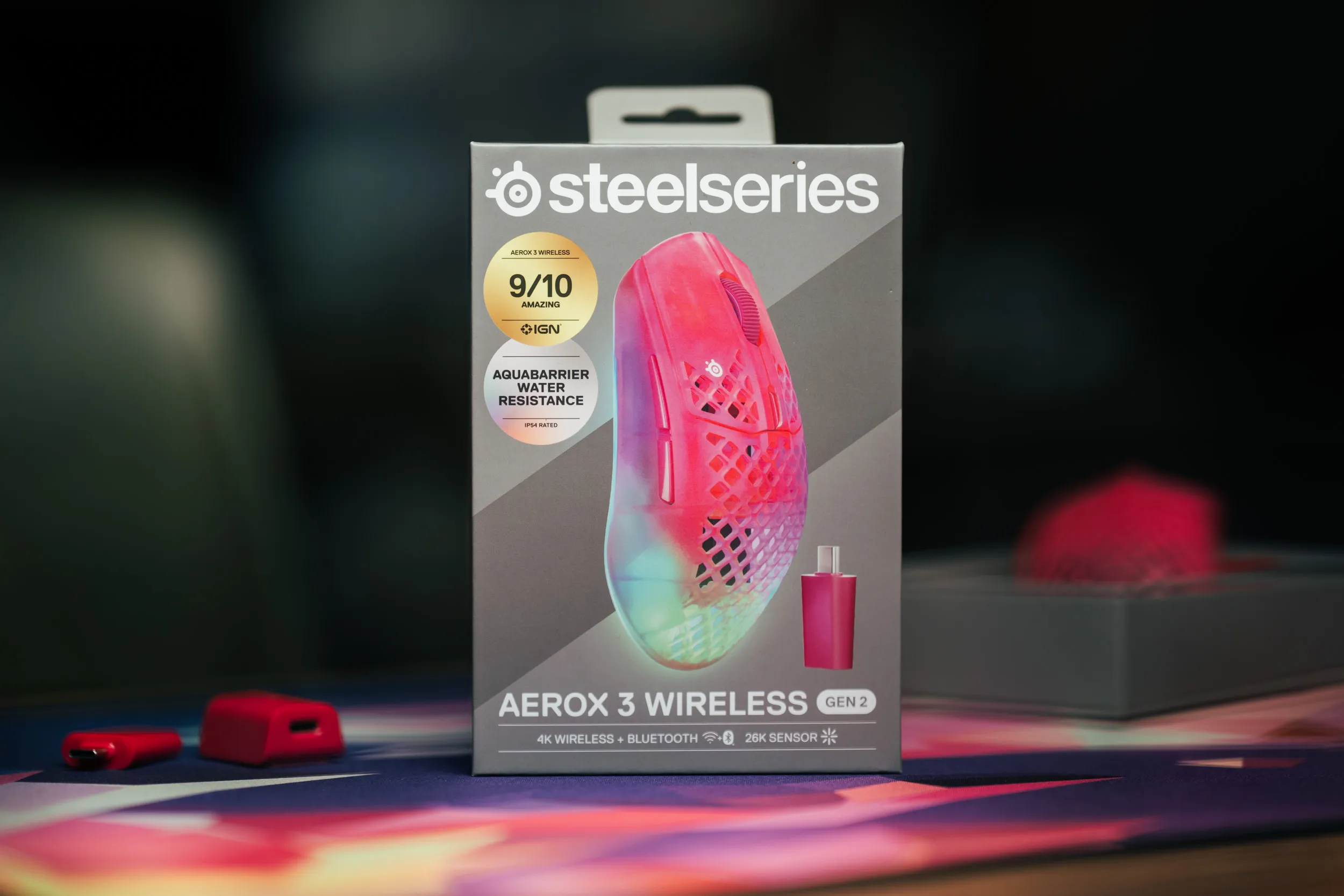 The box for the Aerox 3 Wireless Gen 2 with the IGN 9/10 badge in the top corner