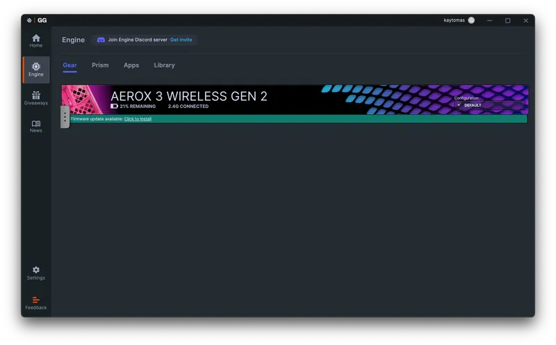 SteelSeries GG with the Engine tab and the Aerox 3 Wireless Gen 2 connected