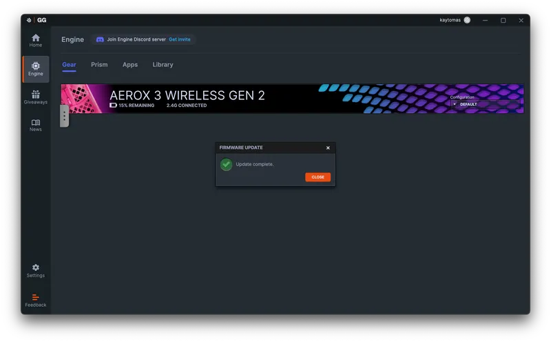 Completed firmware update for the Aerox 3 Wireless Gen 2 in SteelSeries GG