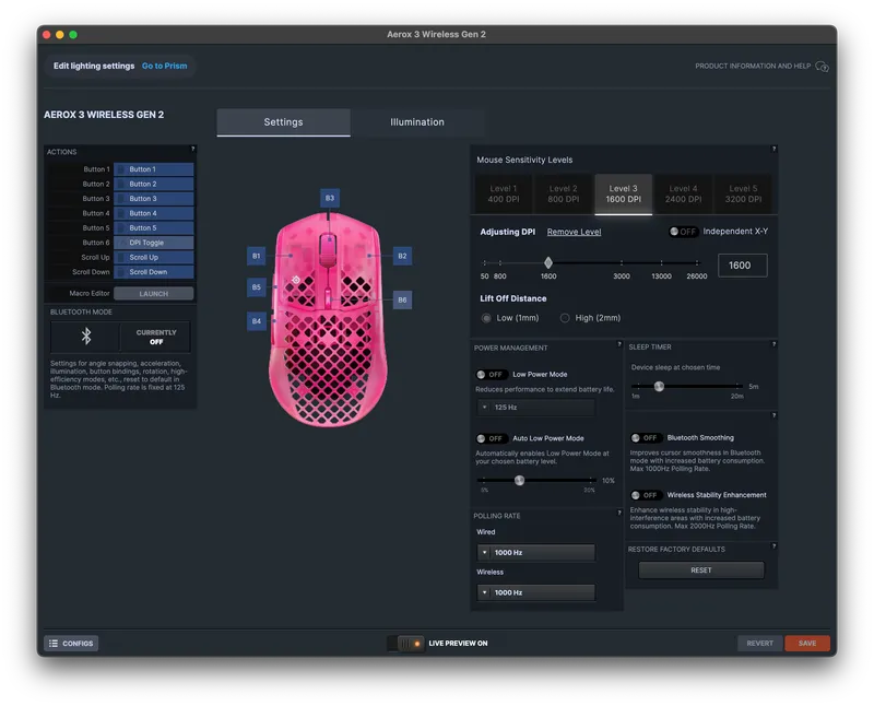 The settings window in SteelSeries GG with DPI stages, lift-off distance and polling