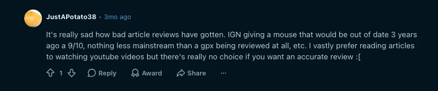 Reddit comment criticizing IGN for giving an outdated mouse 9/10