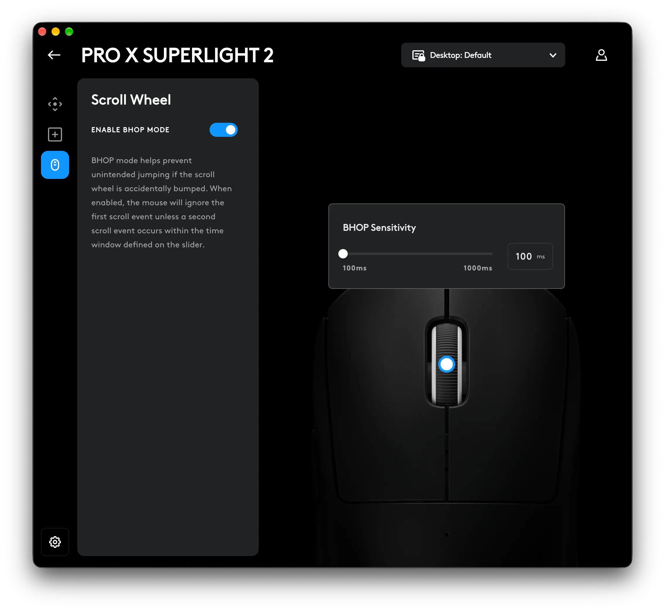 Screenshot from G HUB showing BHOP mode for the scroll wheel on the Superlight 2