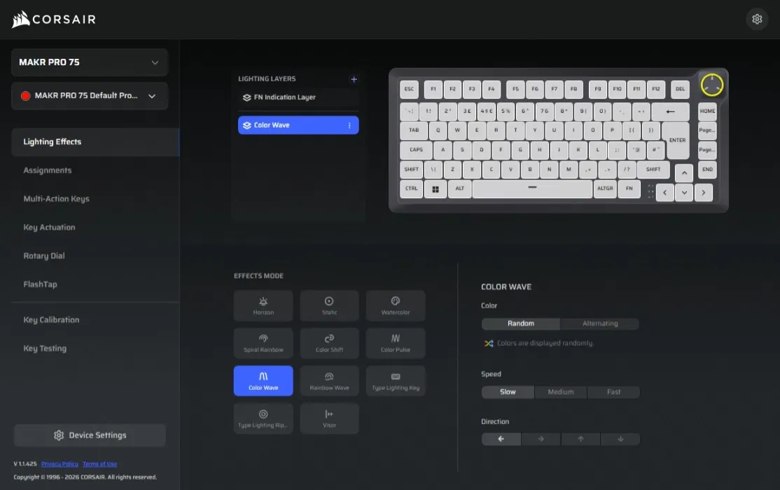 Changing the RGB lighting effect for the MAKR PRO 75 in the Corsair WebHub configurator