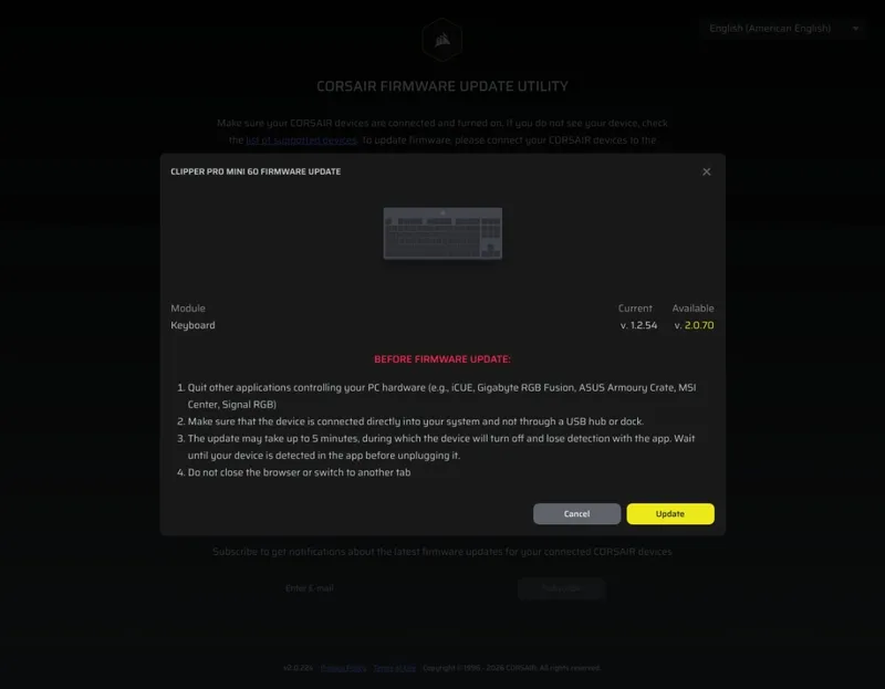 Corsair Web Hub notifies that the Clipper Pro Mini 60 isn't on the latest firmware