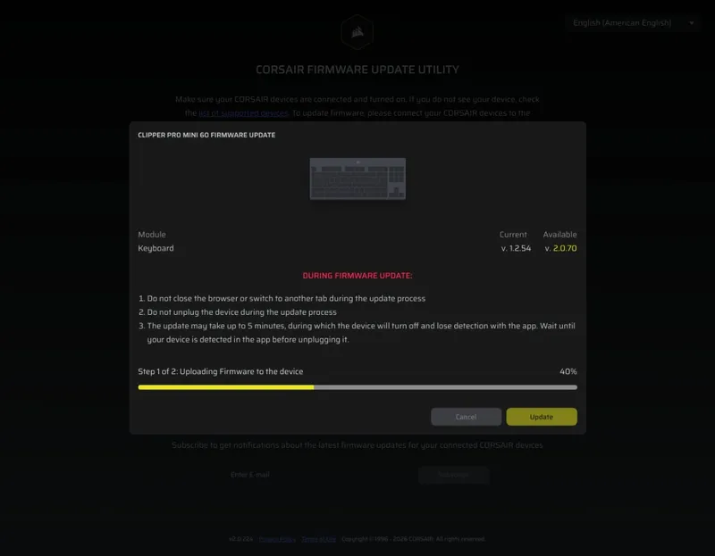 The firmware update starting in the browser via Corsair Web Hub