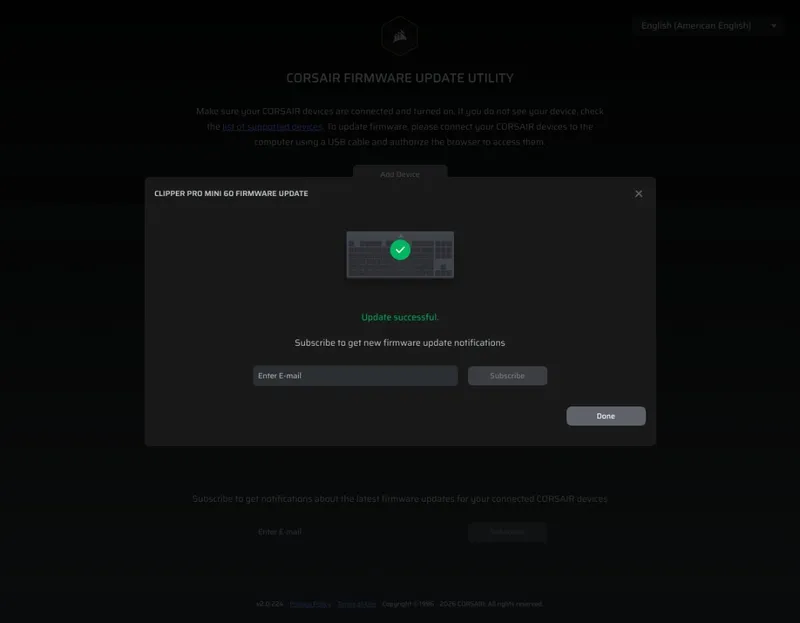 Corsair Web Hub confirms the firmware update is complete