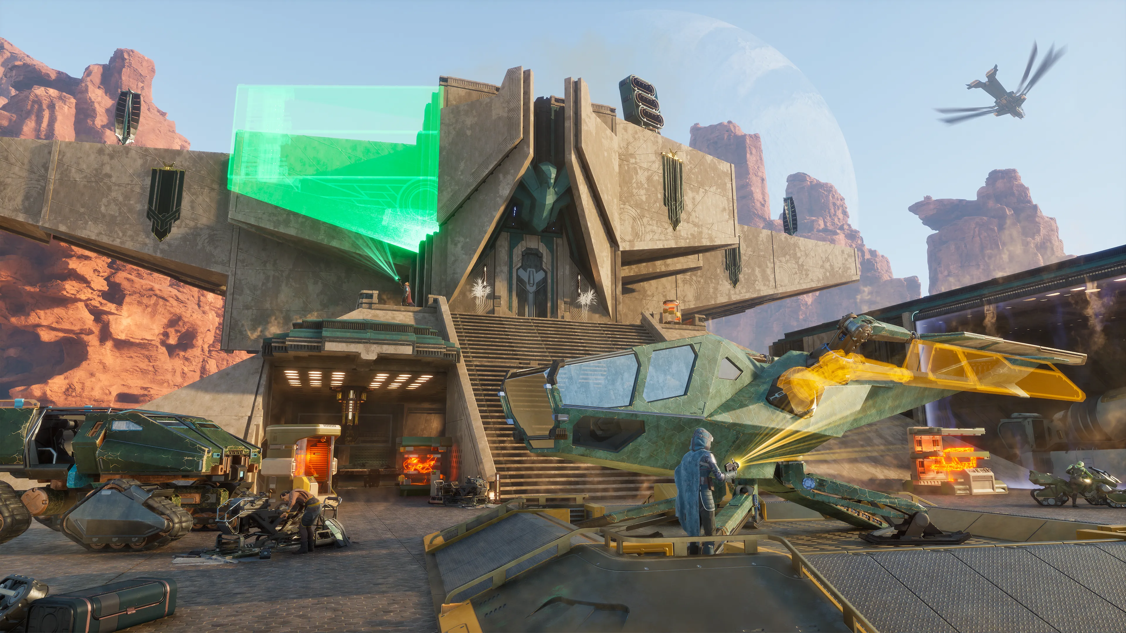 A player base built into the cliffs with energy shields and a parked ornithopter