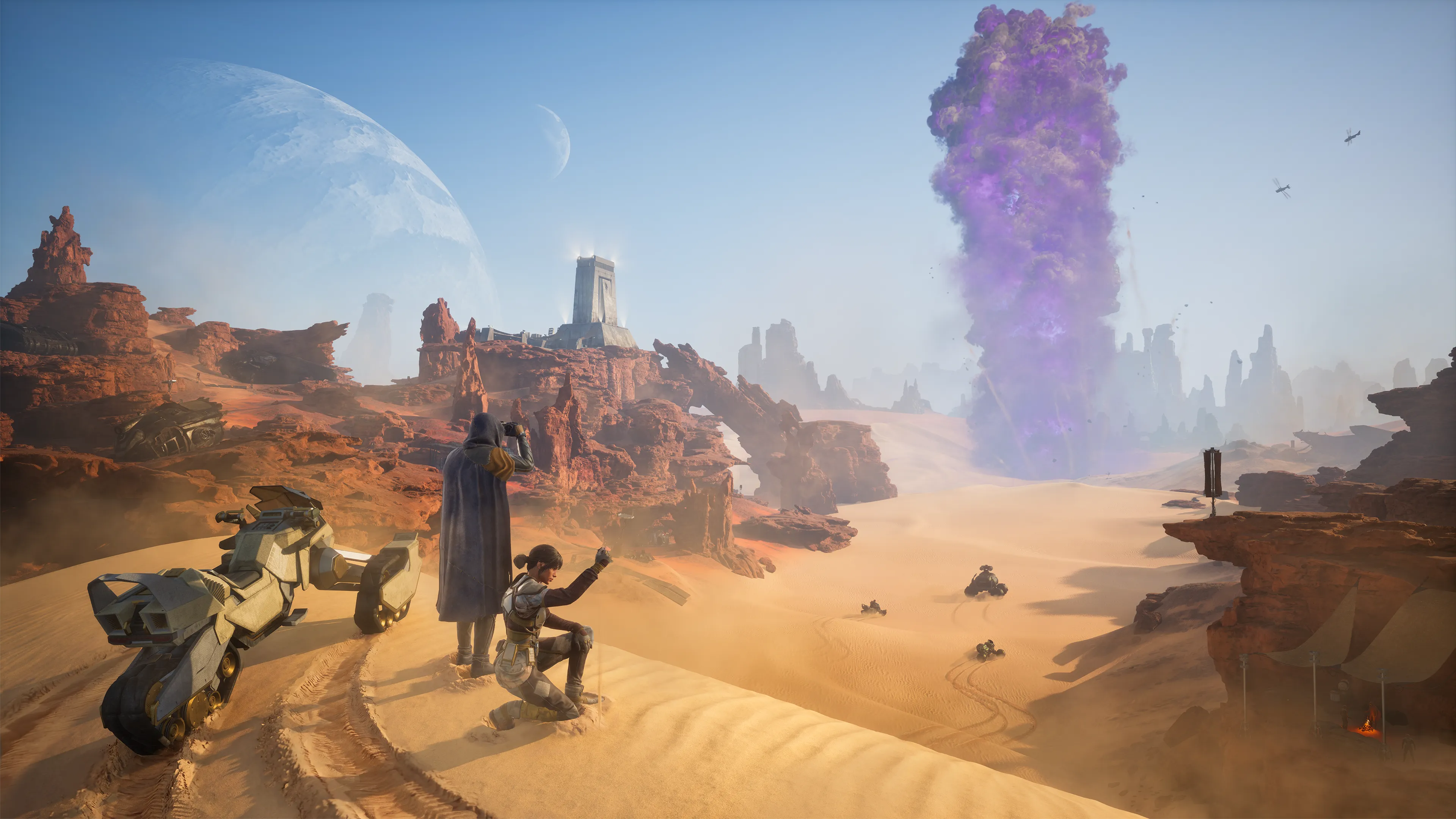 Two characters on a sand dune look out over Arrakis with a purple spice blow in the distance