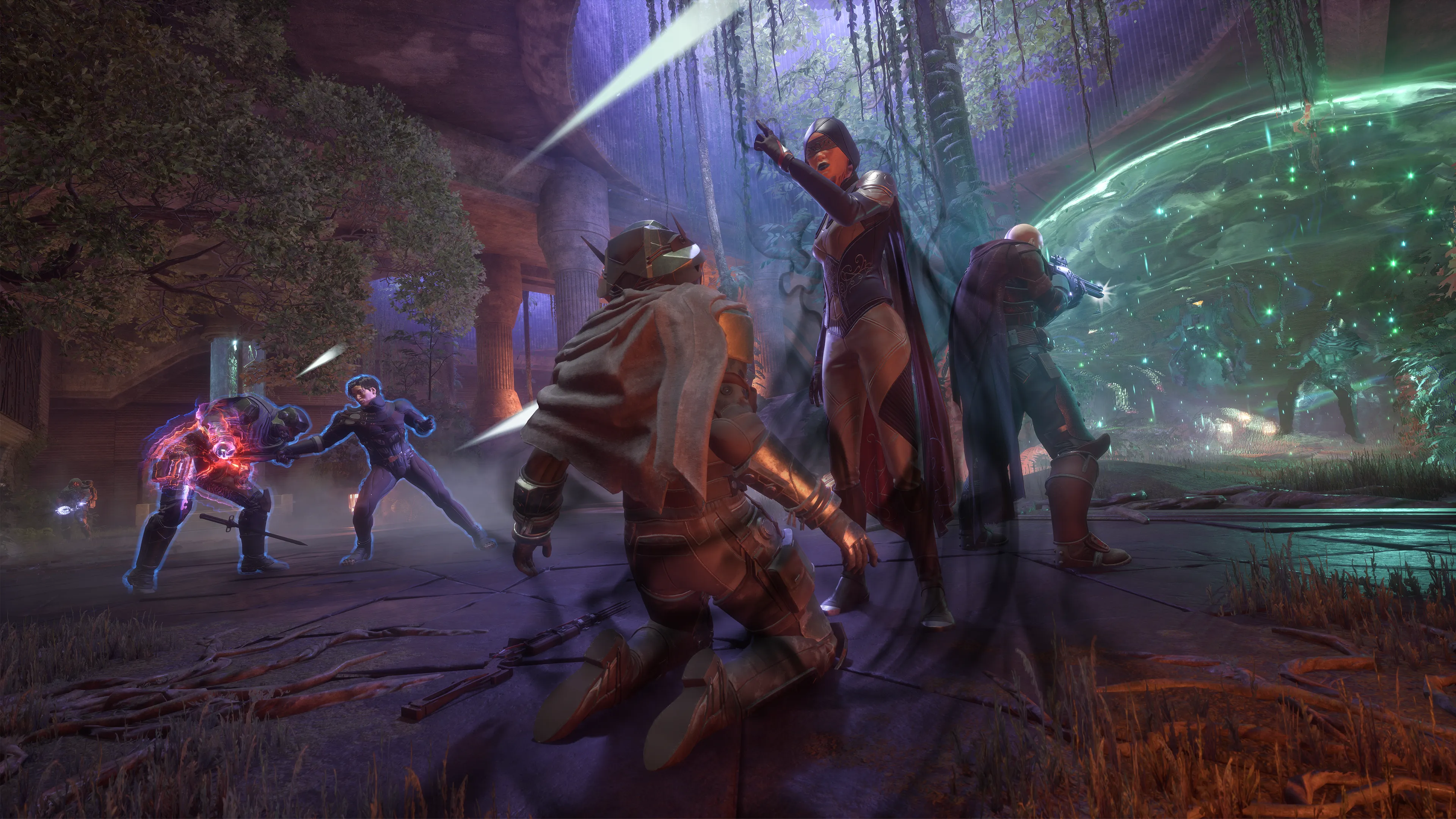 Characters in combat with blades and energy weapons in front of a green portal