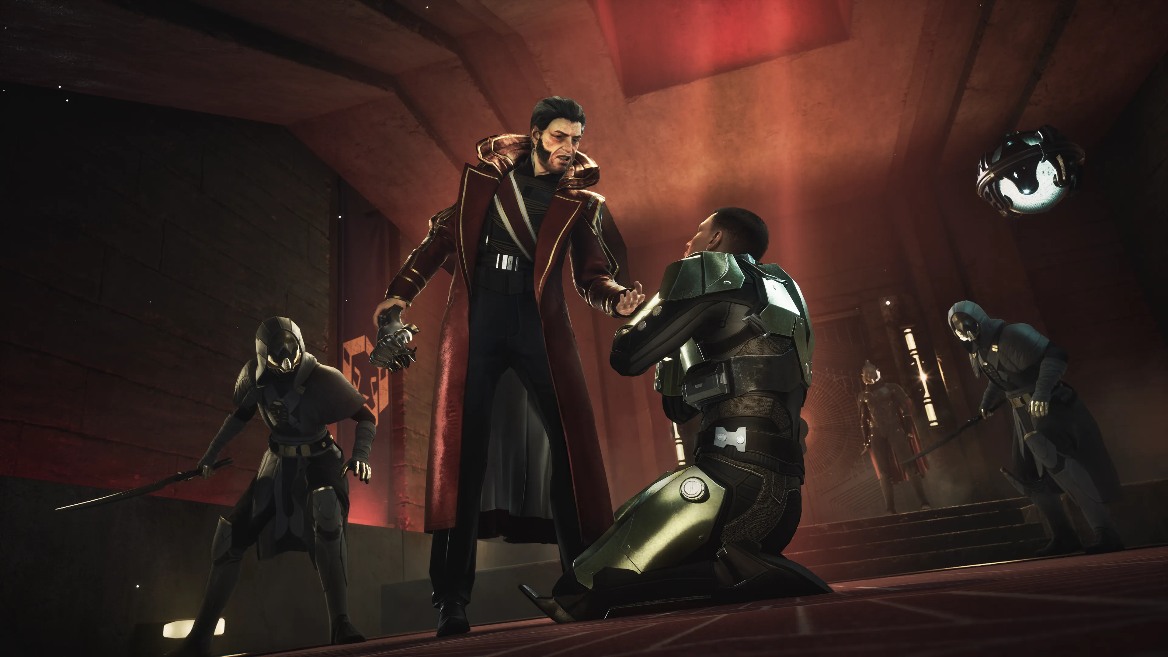 A bearded leader in a red robe stands over a kneeling, armoured character surrounded by guards