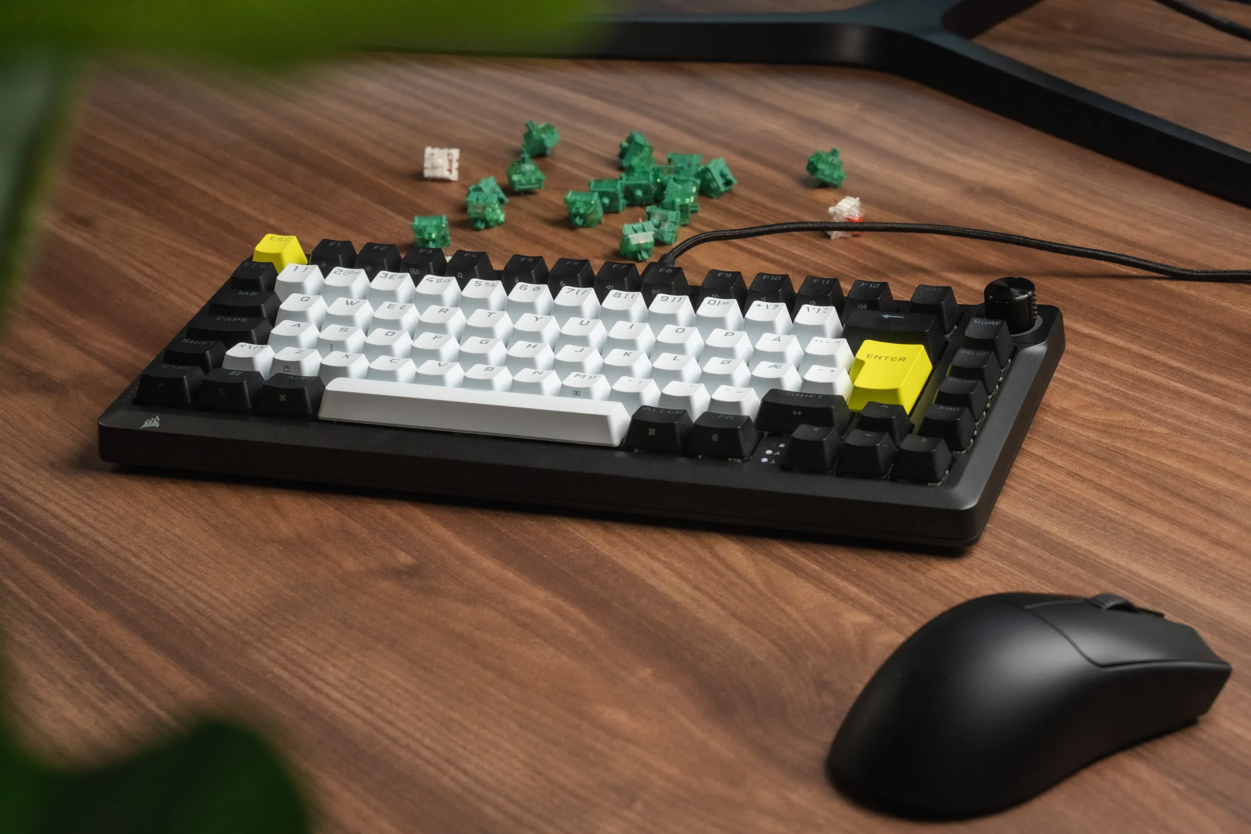 The Corsair MAKR PRO 75 on a wooden desk next to a mouse, with a scatter of spare green magnetic switches behind it