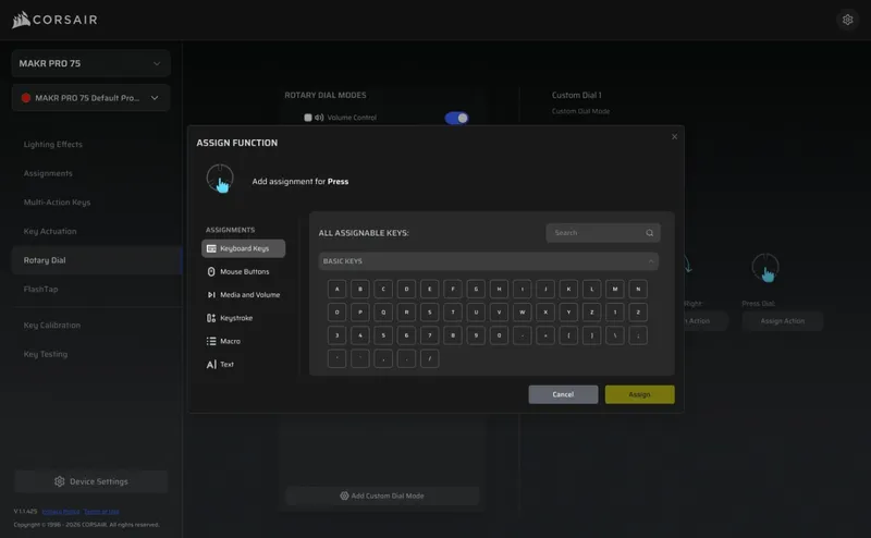 Corsair WebHub Assign Function dialog showing the grid of assignable keyboard keys for the rotary dial