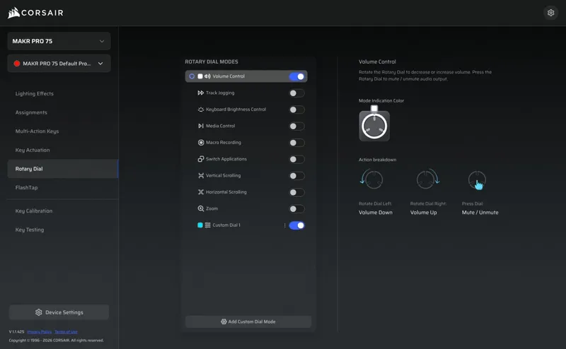Corsair WebHub rotary dial configuration showing the list of dial modes and the rotate-left, rotate-right and press action breakdown