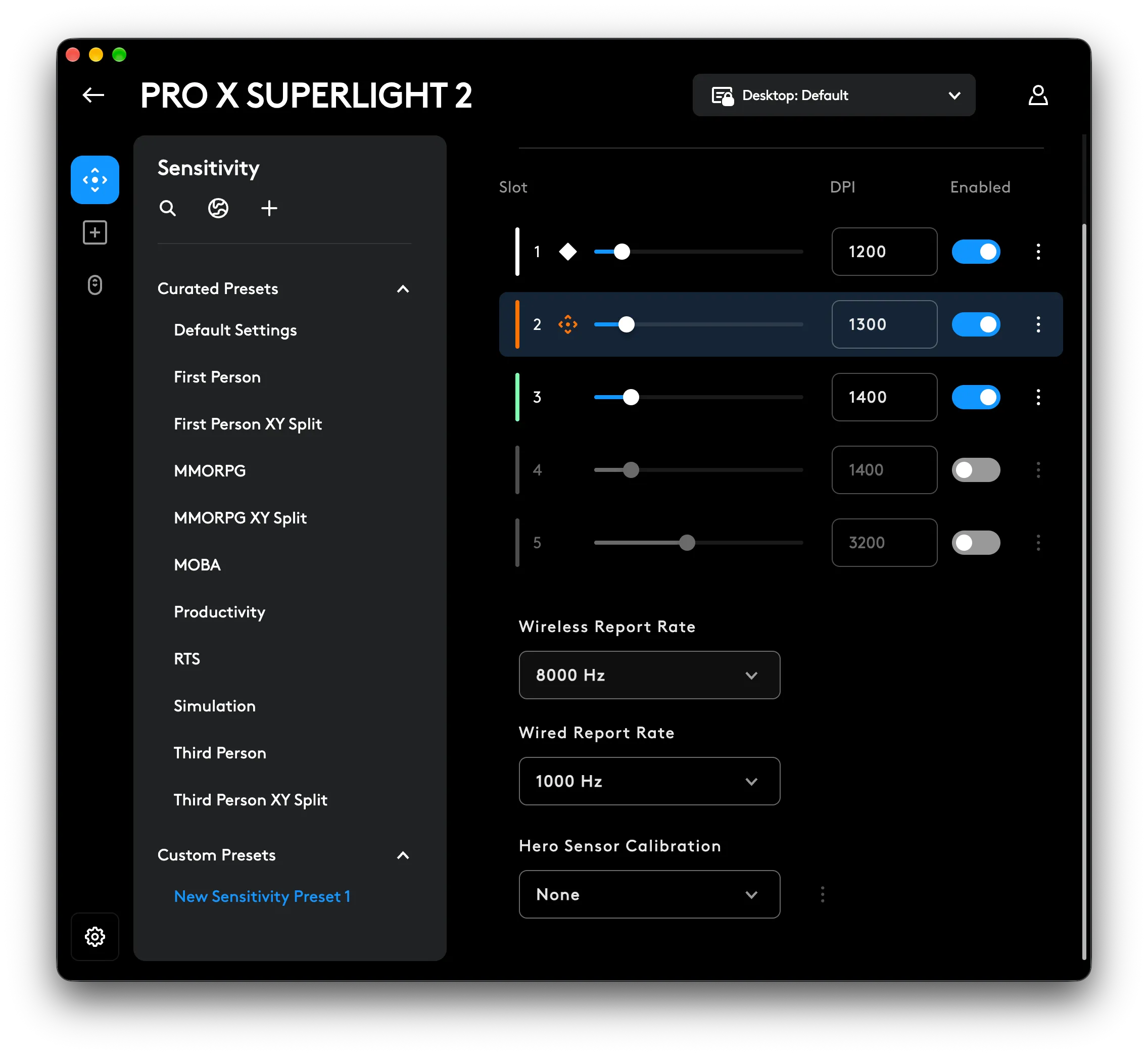 Screenshot from G HUB with DPI steps, presets and report rate for the Superlight 2