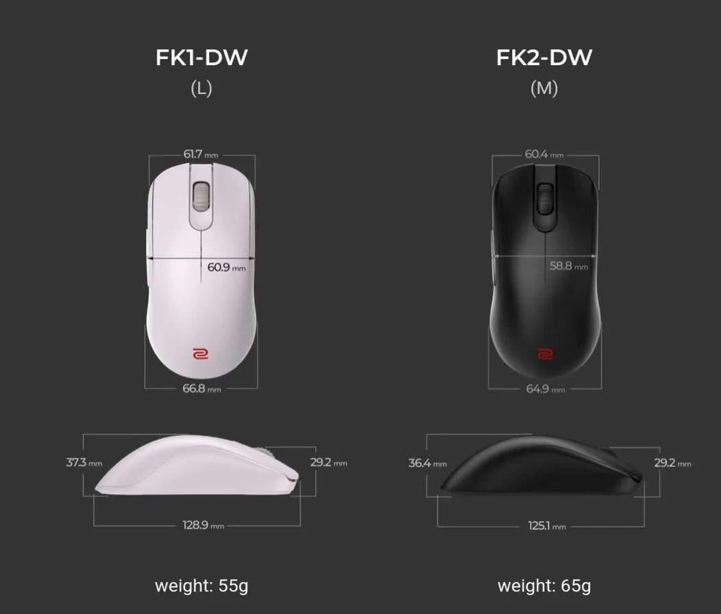 Size comparison of the Zowie FK1-DW and FK2-DW with measurements