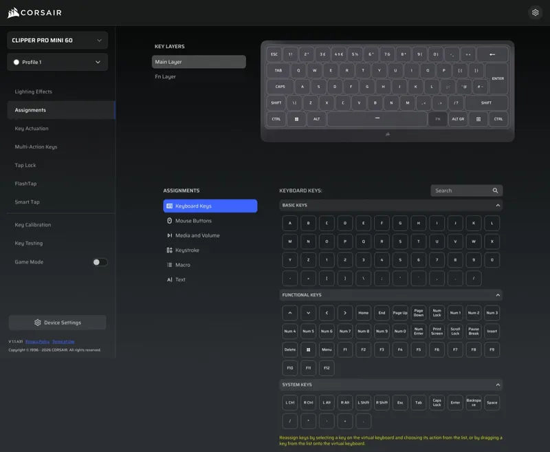 The Fn layer on the Clipper Pro Mini 60 showing the arrow keys placed on a separate layer