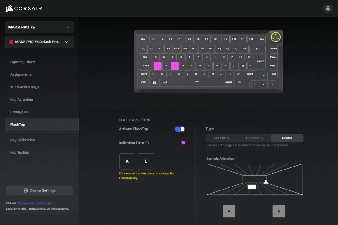 Configuring FlashTap in the Corsair WebHub, with opposing keys set so the most recent press takes priority