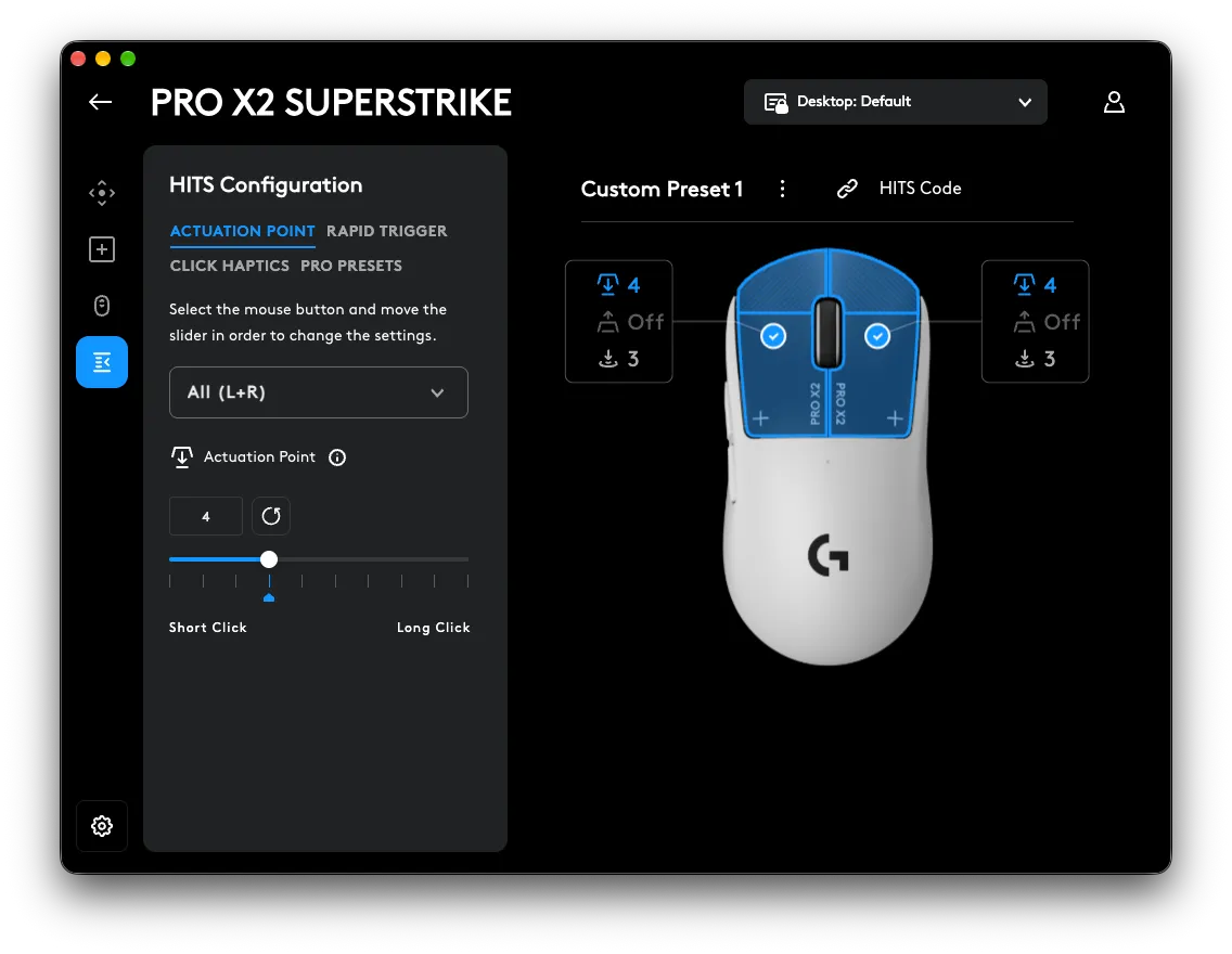 G HUB screenshot showing the HITS panel where you adjust the buttons