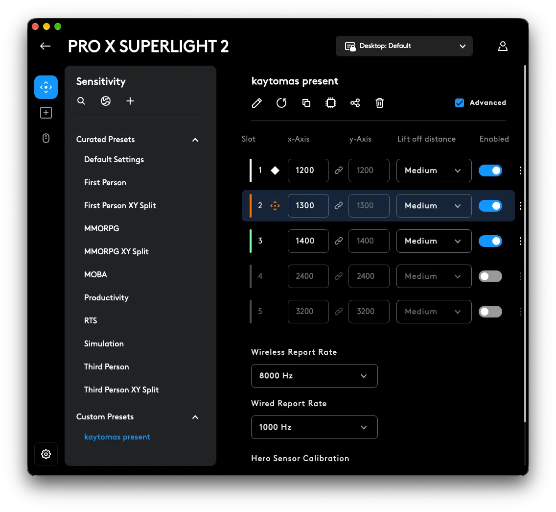 Screenshot from G HUB with advanced DPI settings