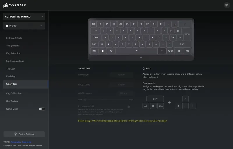 Multi Action being configured in Corsair Web Hub on the Clipper Pro Mini 60