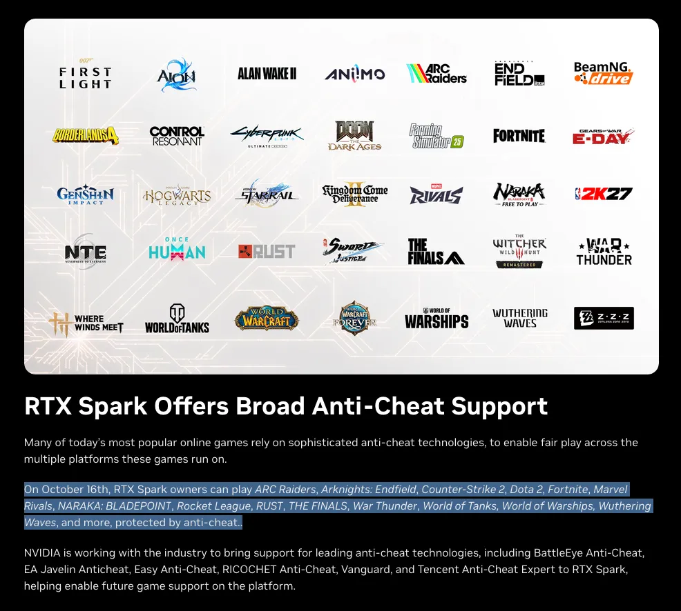 Overview of games supported on RTX Spark at launch