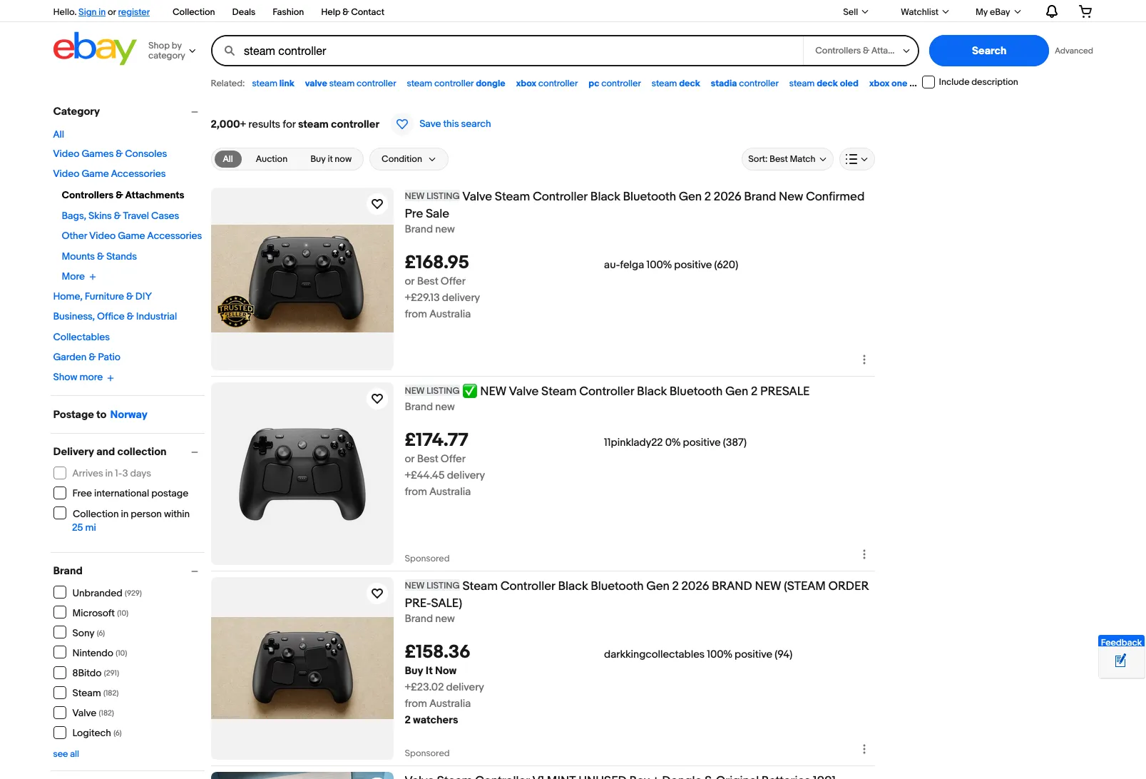 eBay listings showing the €89 Steam Controller resold at inflated prices
