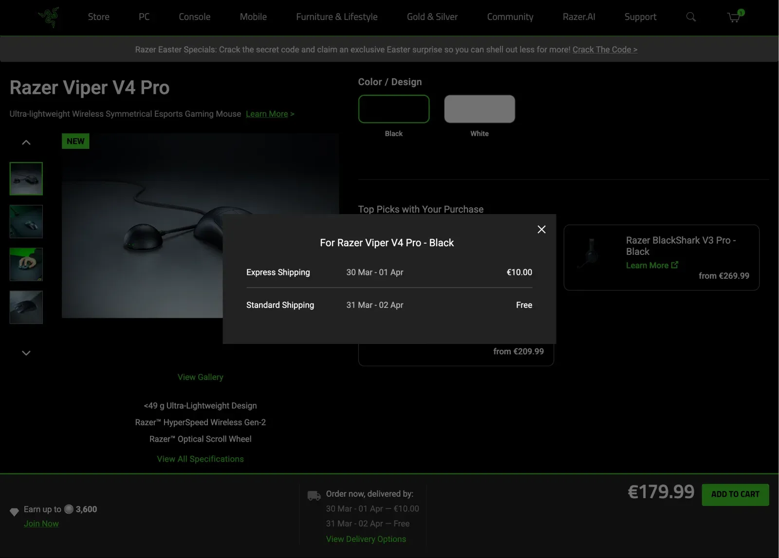 Razer Viper V4 Pro shipping times on Razer.com