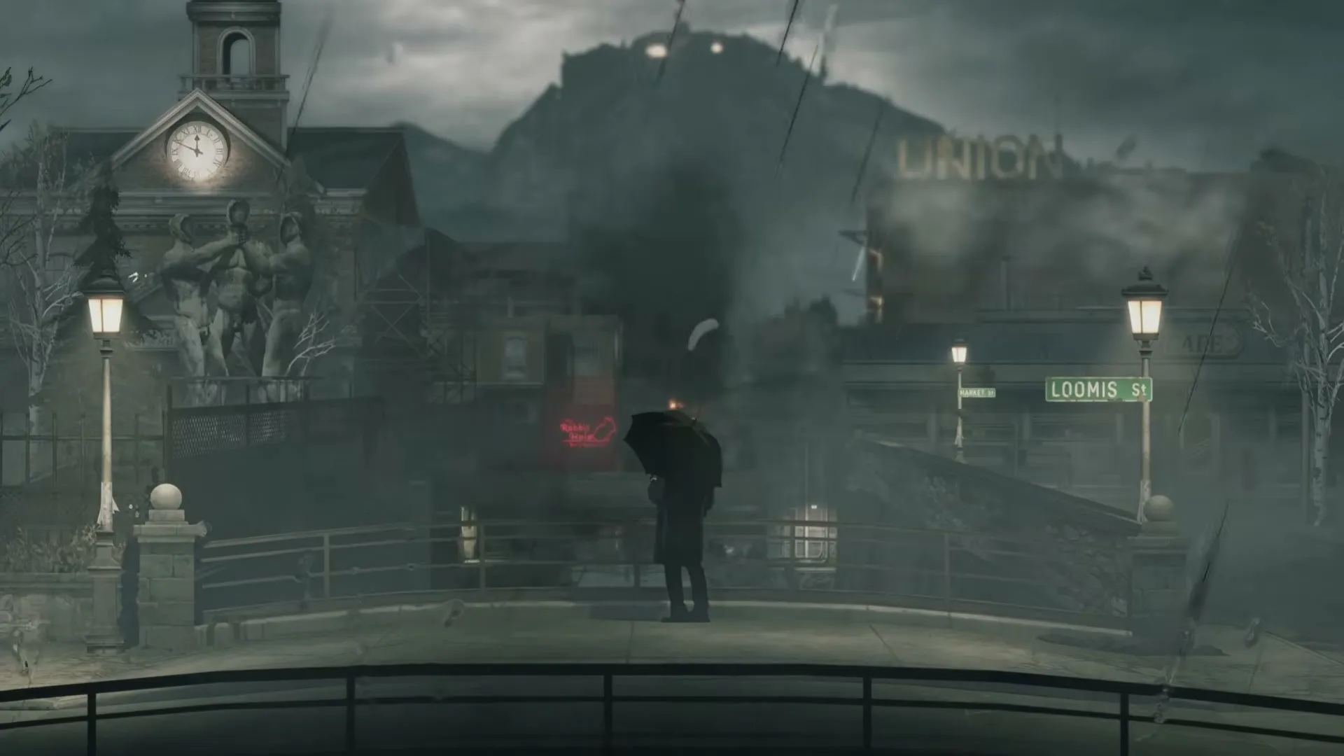 A foggy town street in Silver Pines with a figure under an umbrella, a clock tower and street lamps