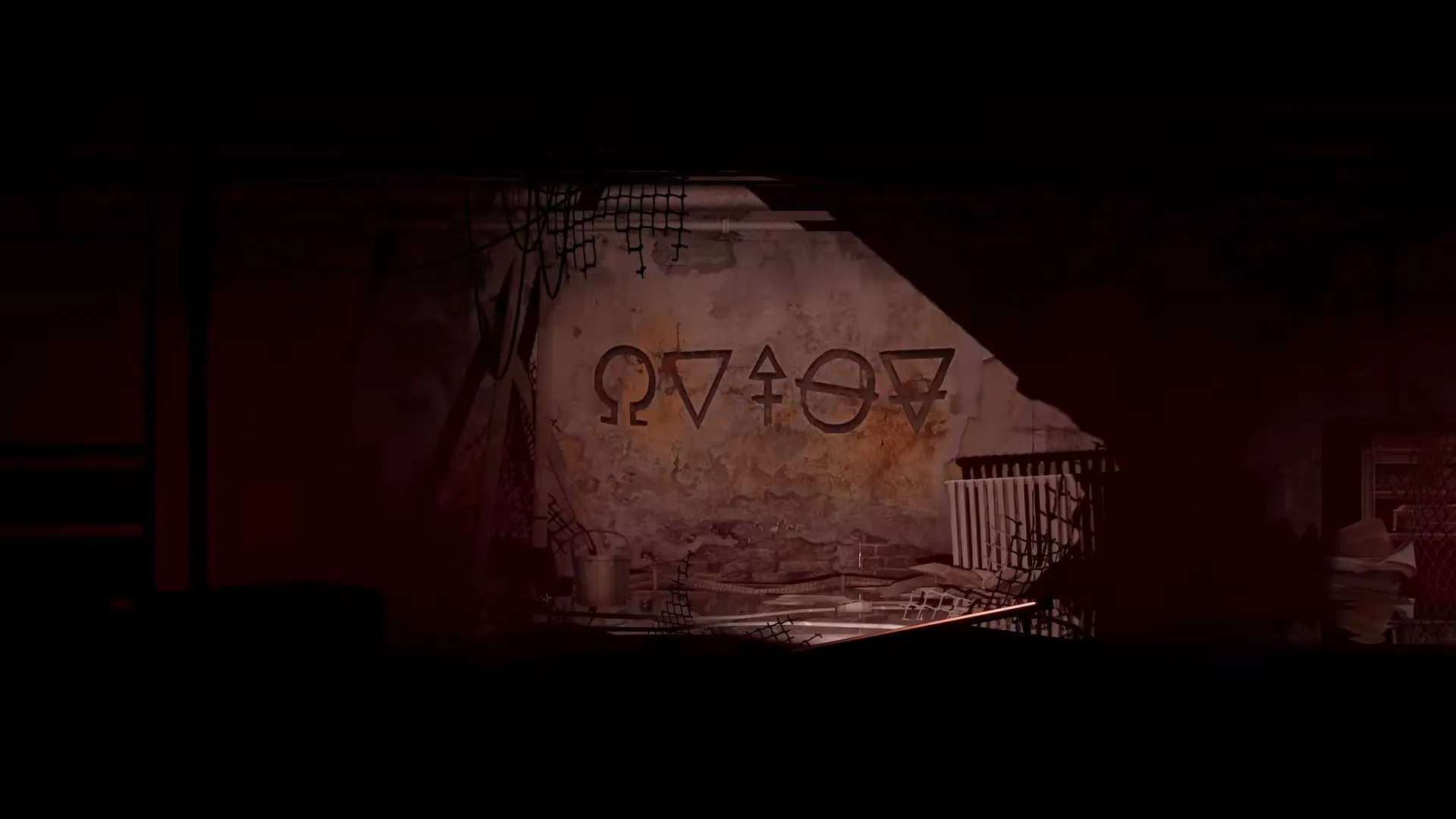 Occult symbols carved into a peeling wall in a dark room in Silver Pines