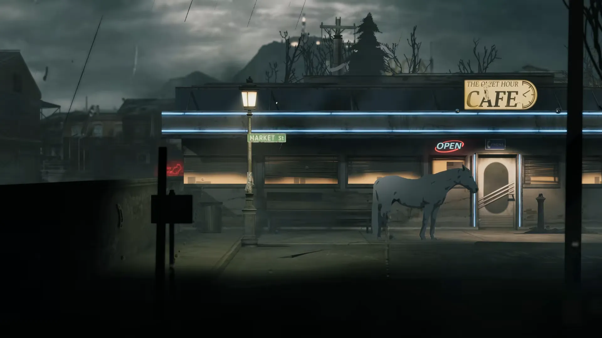 An empty neon-lit street in Silver Pines