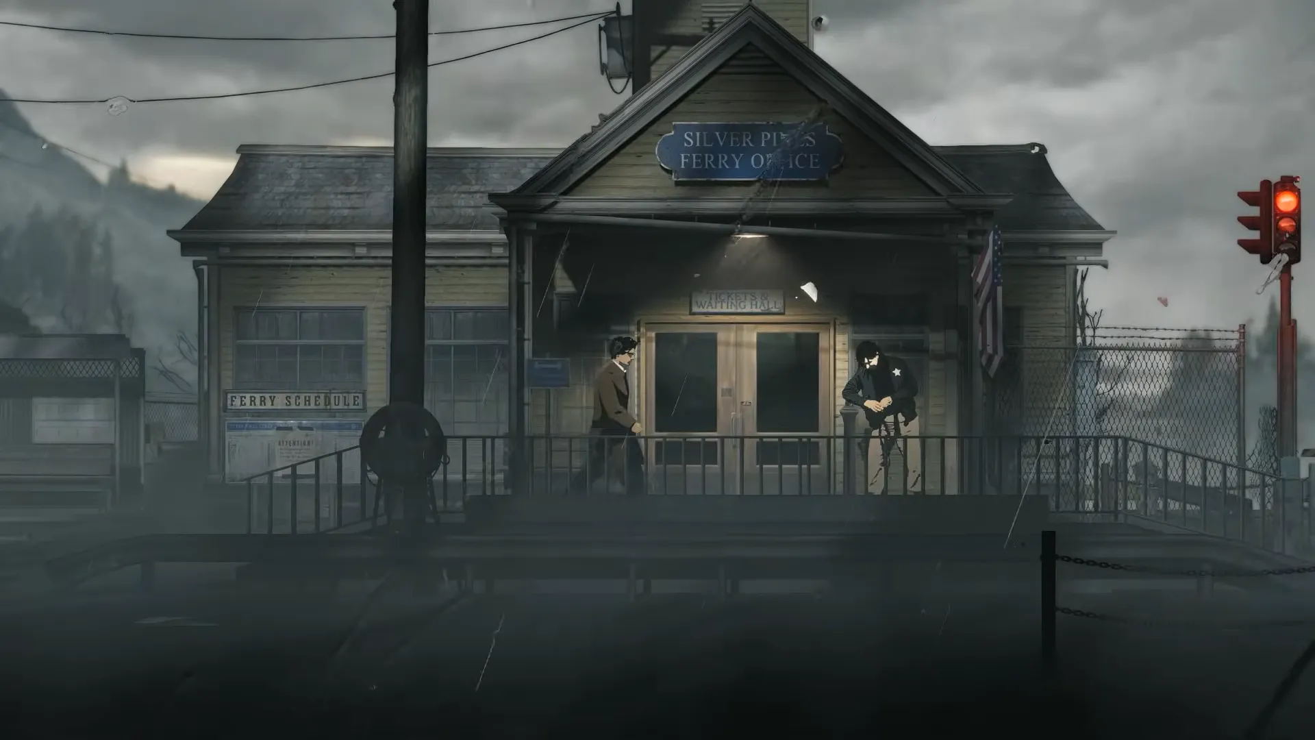A guard outside the Silver Pines ferry office