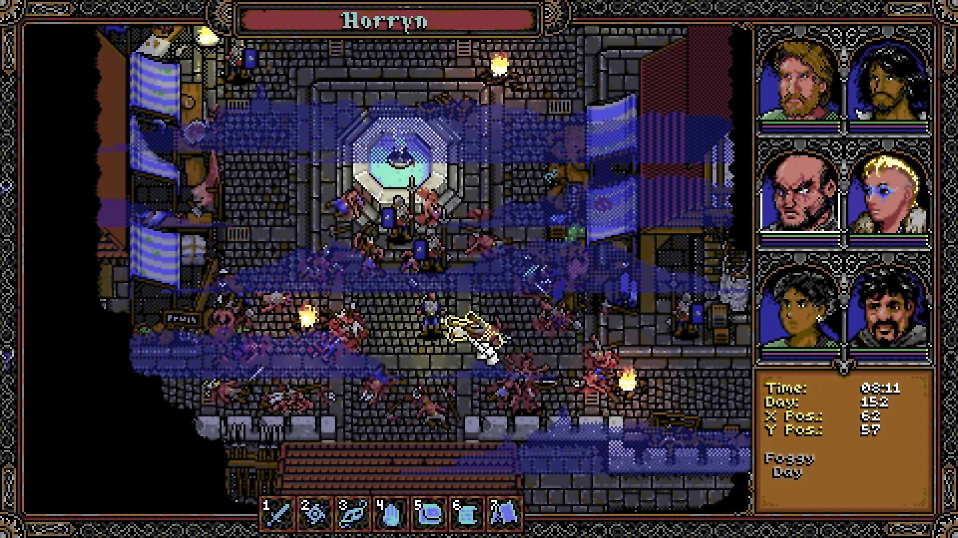 Combat in the town square of Horryn in SKALD, with the party's six portraits along the right edge