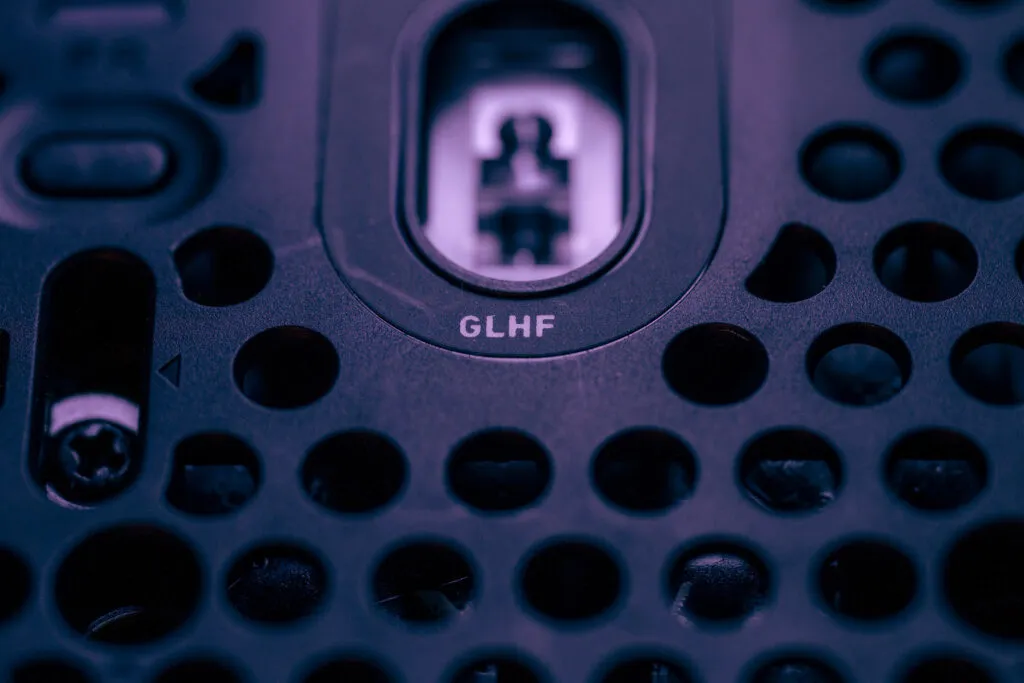Close up of the underside of the Xtrfy M4 wireless - GLHF