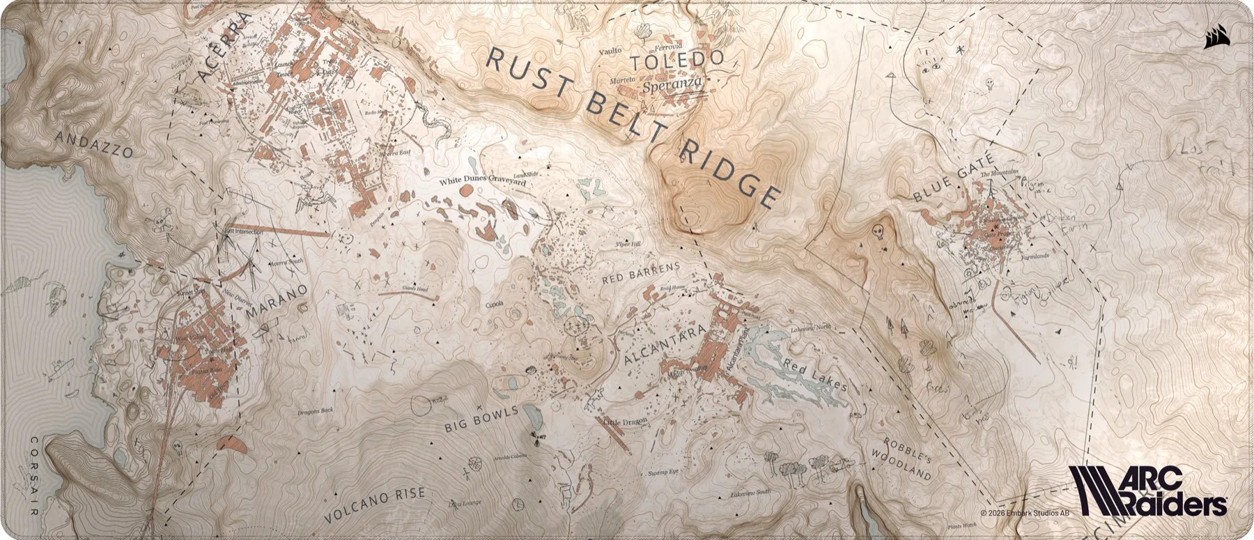 Corsair MM 2XL mouse pad with a map of the Rust Belt from Arc Raiders
