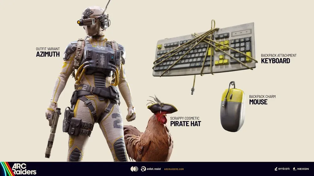 Items in Arc Raiders: the Azimuth outfit, Scrappy's pirate hat, a keyboard for the backpack and a mouse charm