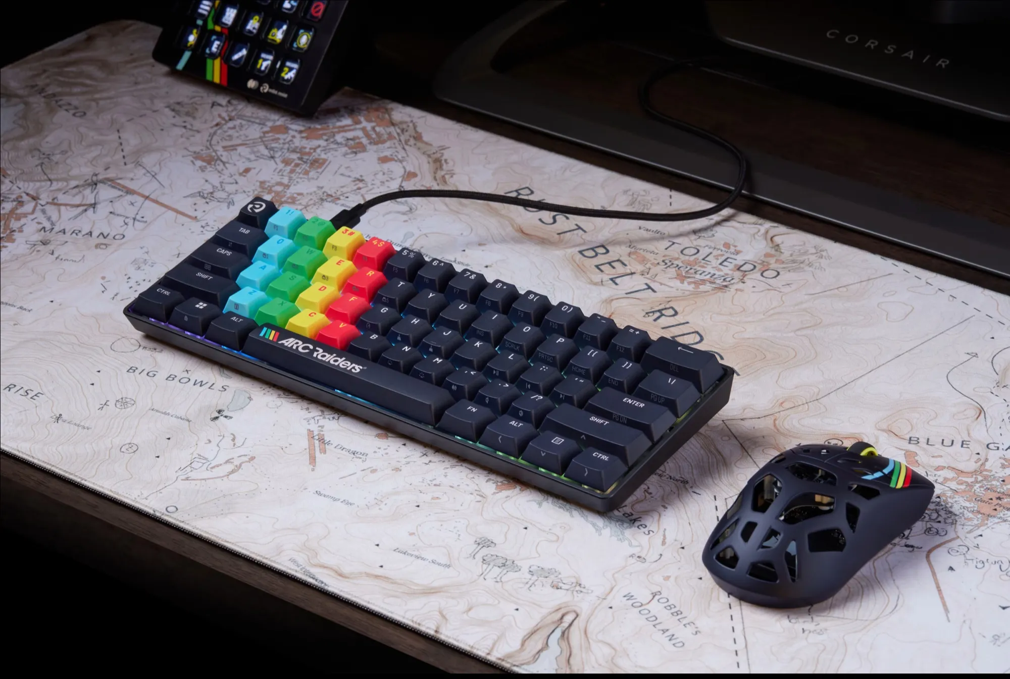 Corsair Clipper Pro Mini 60 and Sabre v2 Pro MG in Arc Raiders edition, on the map pad