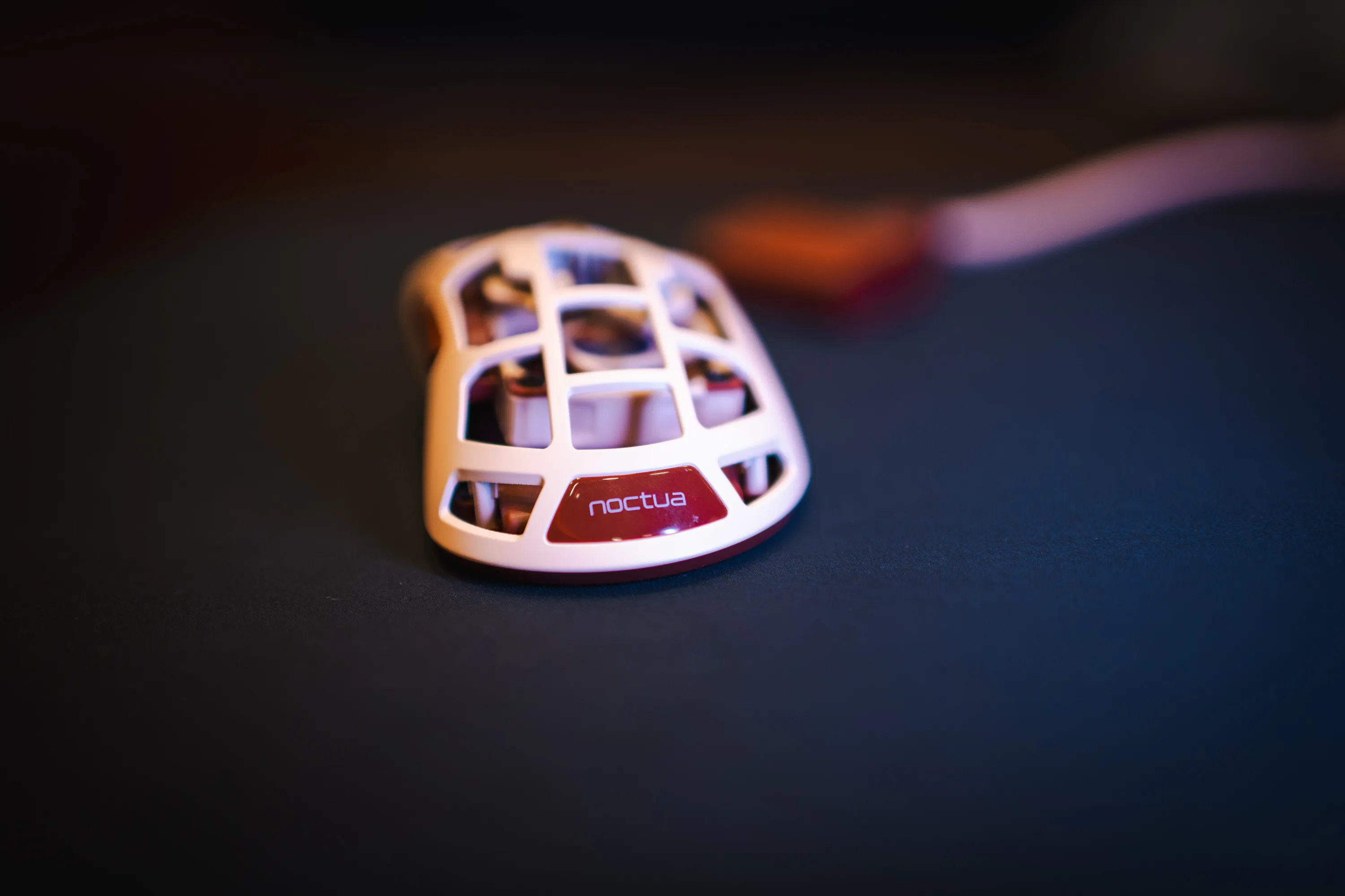 Feinmann F01 Noctua Edition seen from behind, with the Noctua logo and the open shell above the fan