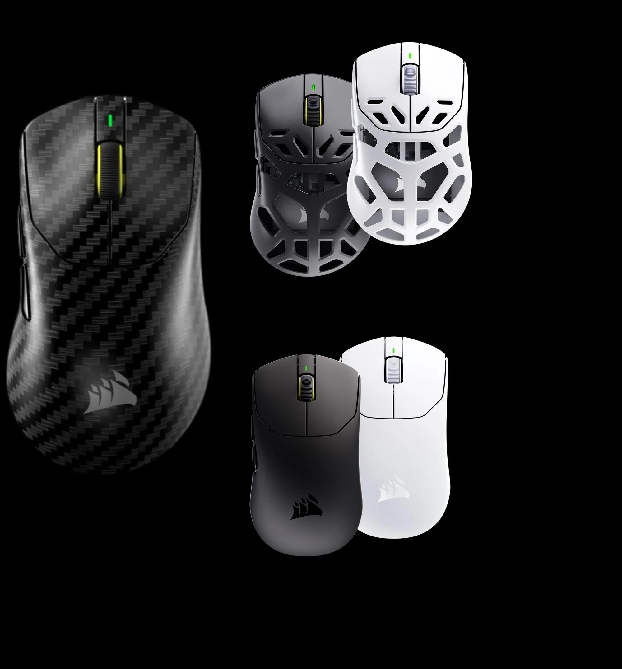 The Sabre v3 Pro PureVector lineup: carbon fiber, magnesium in black and white, and ABS in black and white