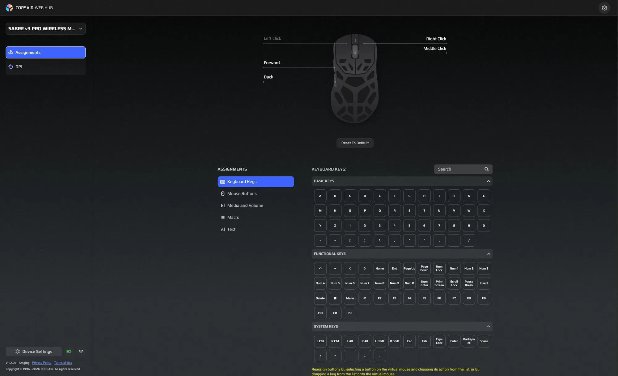Corsair Web Hub in the browser with the Sabre v3 Pro and button mapping