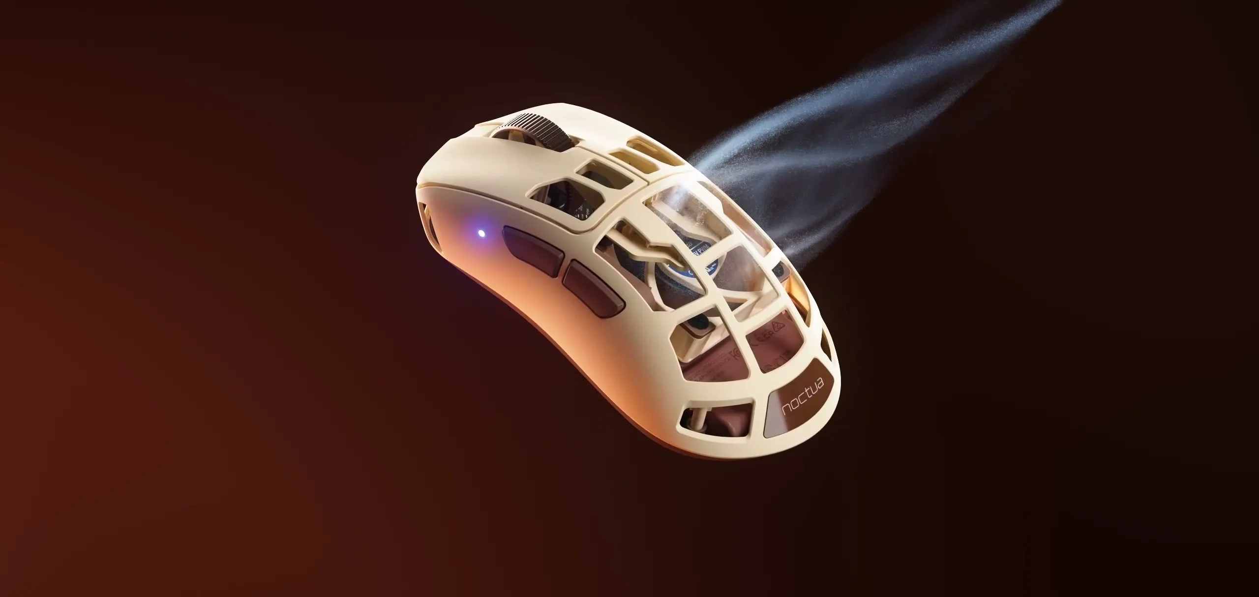 Feinmann F01 Noctua Edition in cream and chocolate with airflow coming out of the shell
