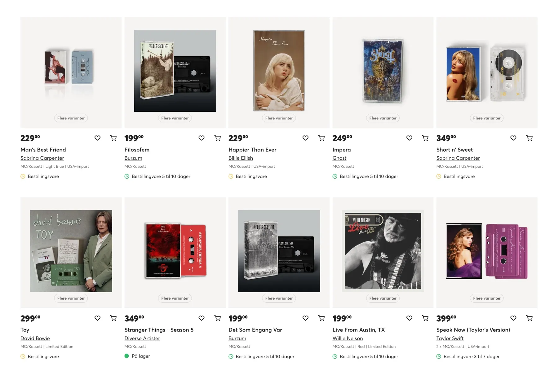 Cassette releases in Platekompaniet's webstore, among them Sabrina Carpenter, Ghost, Taylor Swift, David Bowie and Burzum