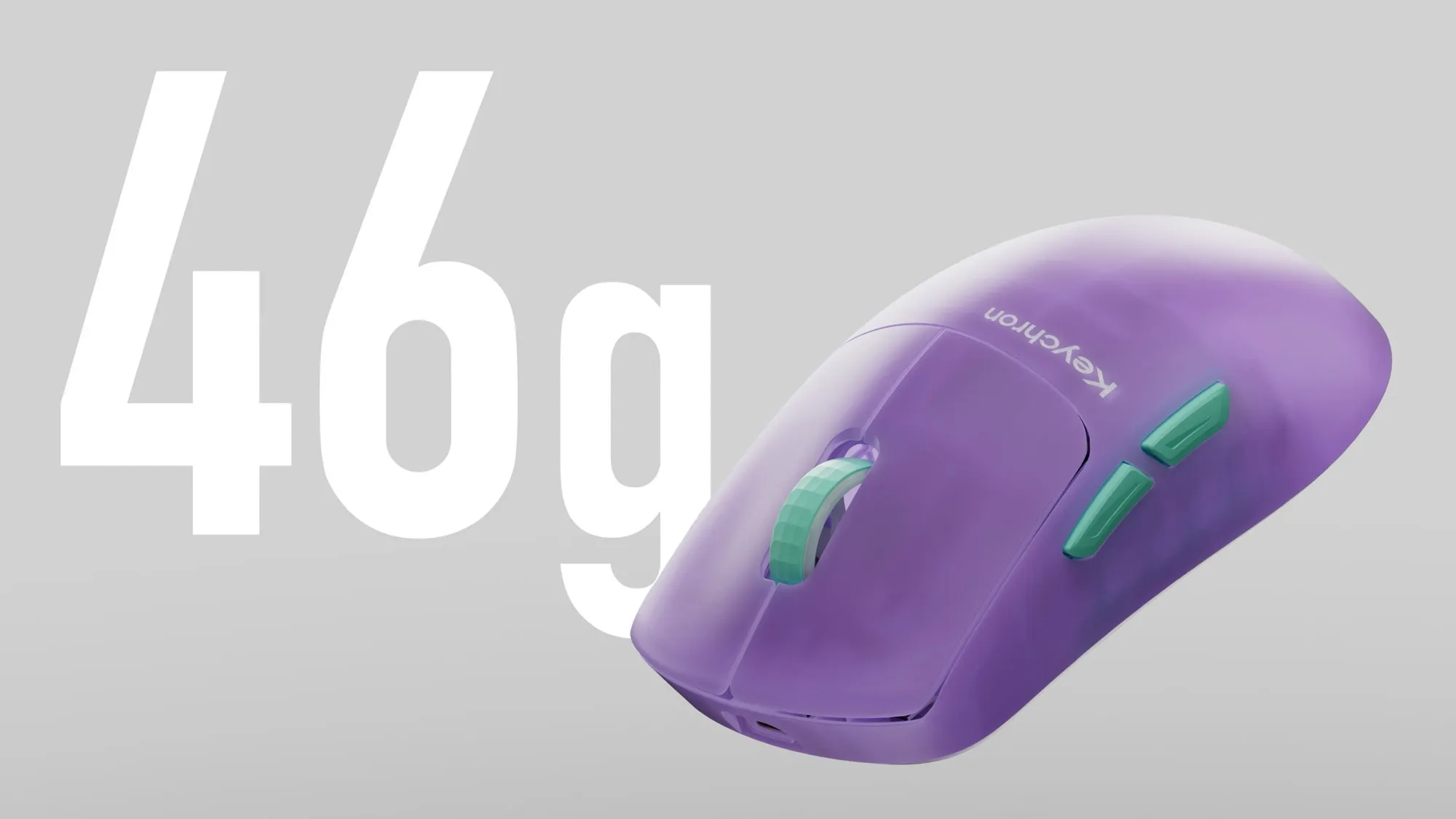 The Keychron G6 HE in frosted purple next to large text reading 46g