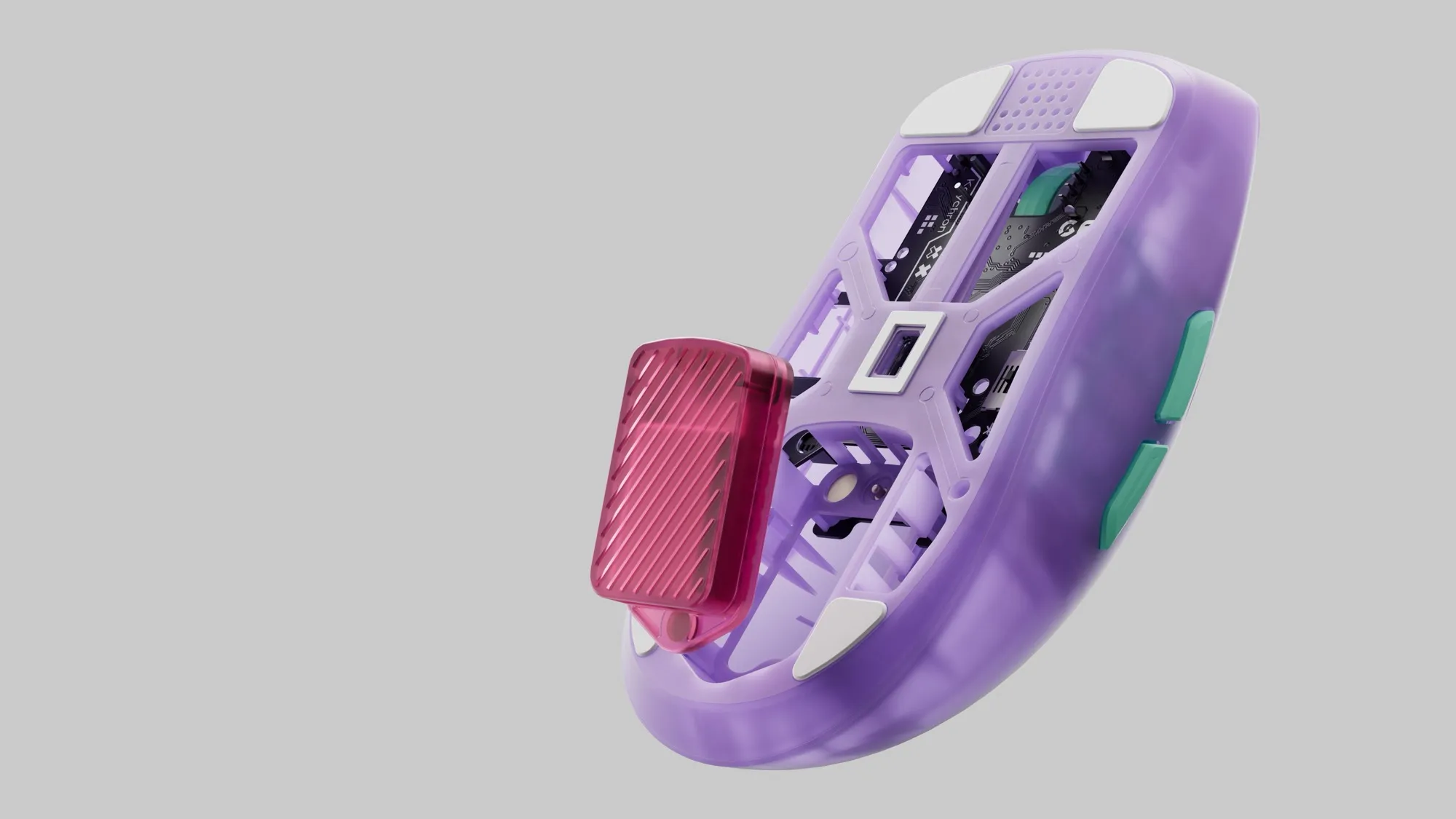 The underside of the Keychron G6 HE with the pink battery module pulled out