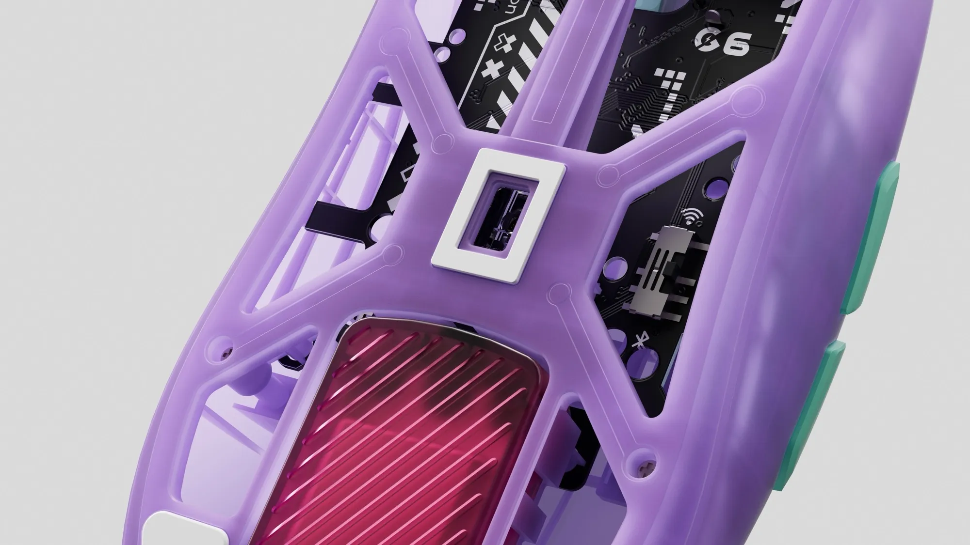 Close-up of the Keychron G6 HE internals, showing the PCB, sensor and battery module through the translucent shell
