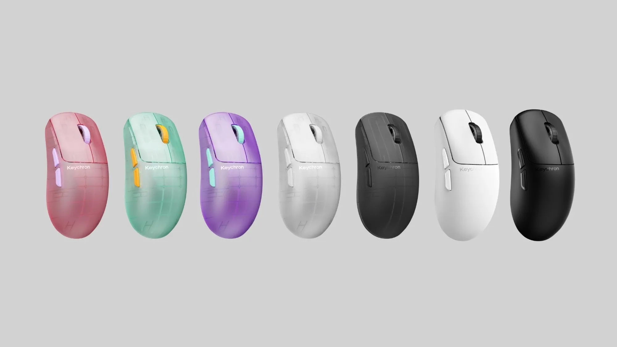 The Keychron G6 HE in all seven colours, seen from above in a row