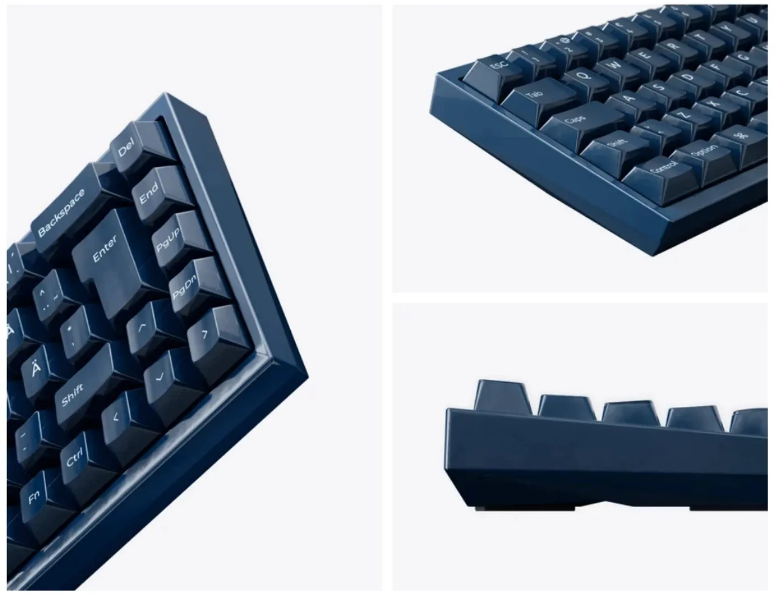 Three crops of the Keychron Q16 HE in royal blue with Nordic ISO layout: the right corner with ISO Enter and Ä, the left corner with Esc and Tab, and the side profile