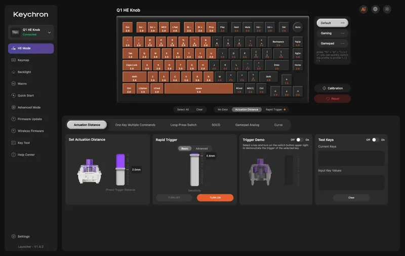 Keychron Launcher with settings for actuation point and Rapid Trigger